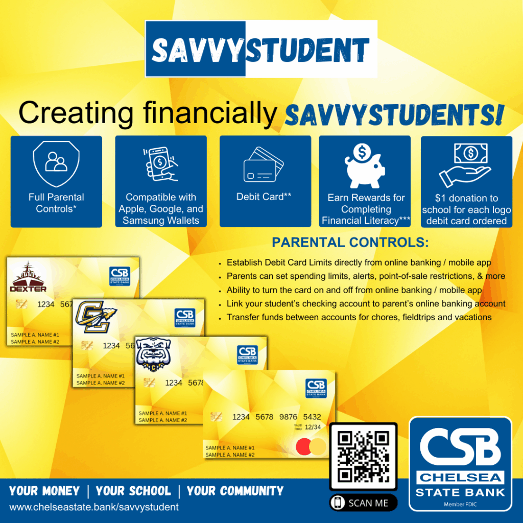 SavvyStudent Poster: "Creating Financial Literacy" tagline with images of the yellow student debit cards